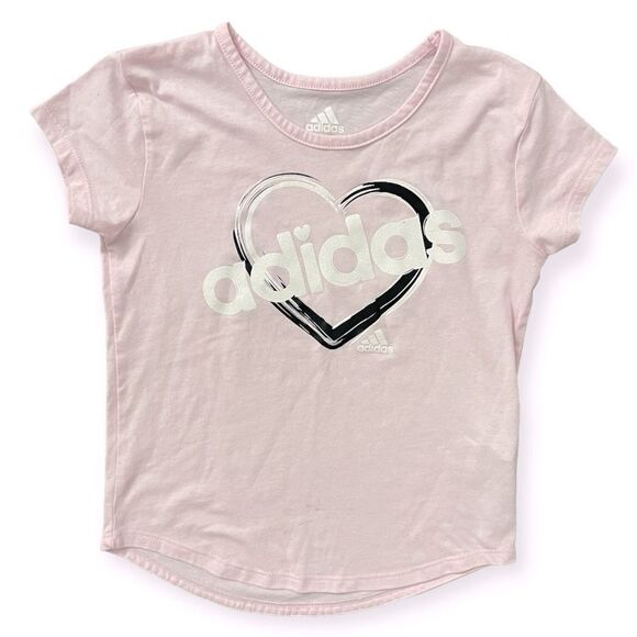 Adidas Girl’s Pink Black Glitter Heart Logo Graphic Short Sleeve Tee Size 5 - Picture 1 of 8